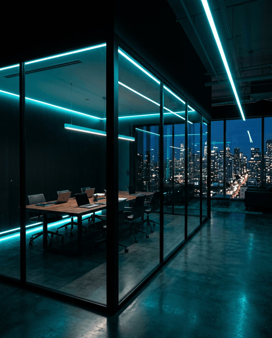 Modern office meeting space with cyan lighting